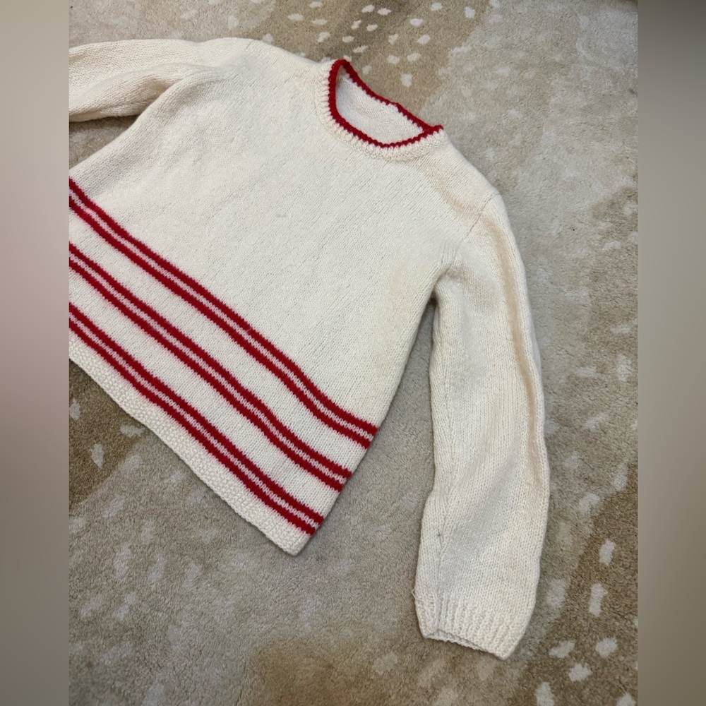 Vintage Unbranded Cream Wool Blend Knit Sweater Red Stripe Preppy Cottage core - Picture 3 of 7